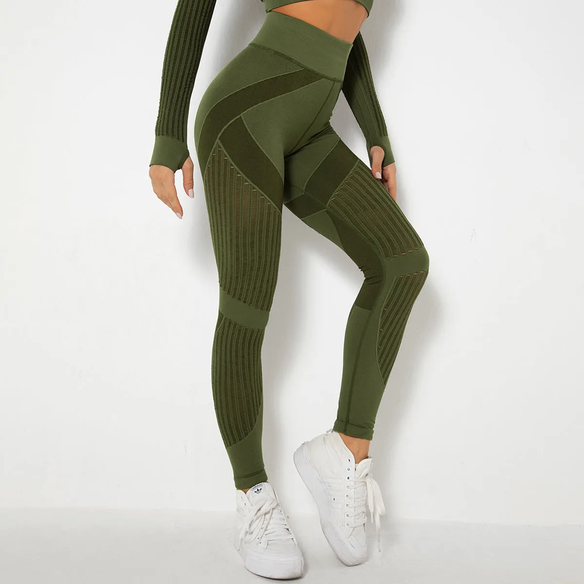 Seamless Mesh Knit Yoga Leggings High-Waist Hip-Lifting Sports Fitness Pants trendy