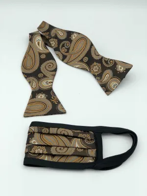Self Bow Tie & Face Mask Set, Gold Paisely