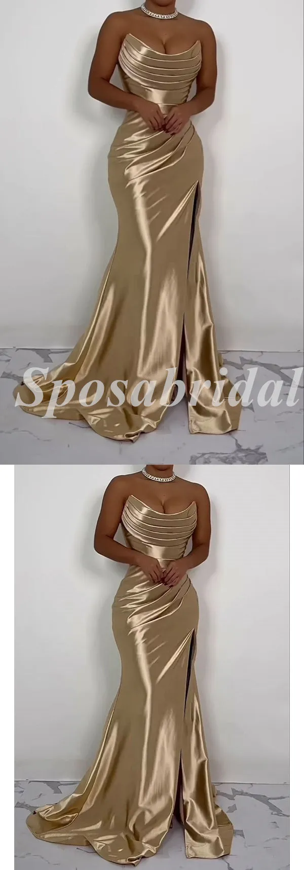 Sexy Elastic Satin Sweetheart Sleeveless Side slit Mermaid Long Prom Dresses, PD3600