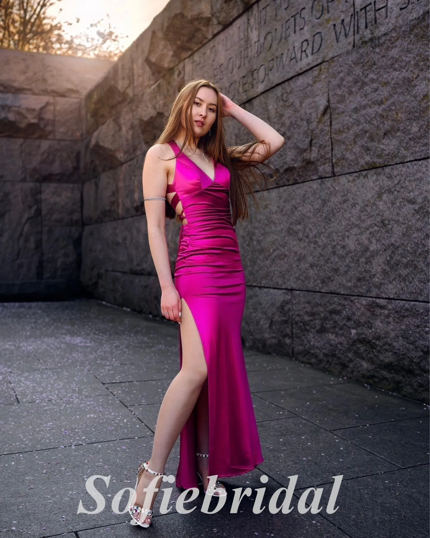 Sexy Elastic Satin V-Neck Lace Up Back Side Slit Mermaid Long Prom Dresses,PD3705