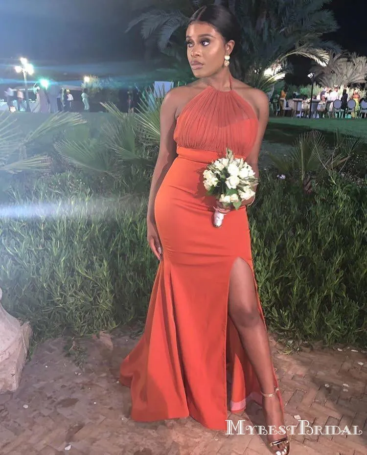 Sexy Halter Slit Mermaid Long African Style Cheap Bridesmaid Dresses, TYP0003