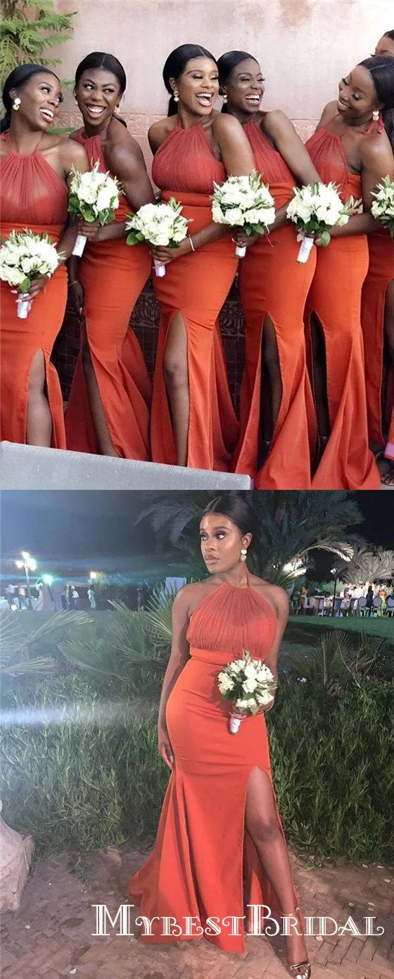 Sexy Halter Slit Mermaid Long African Style Cheap Bridesmaid Dresses, TYP0003