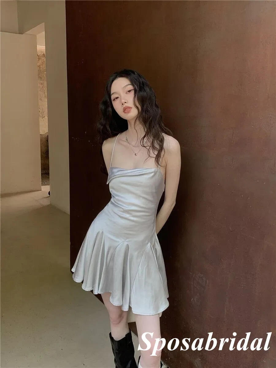 Sexy Silver Elastic Satin Spaghetti Straps Sleeveless Lace Up Back Mermaid Short Prom Dresses/Homecoming Dresses, PD3524