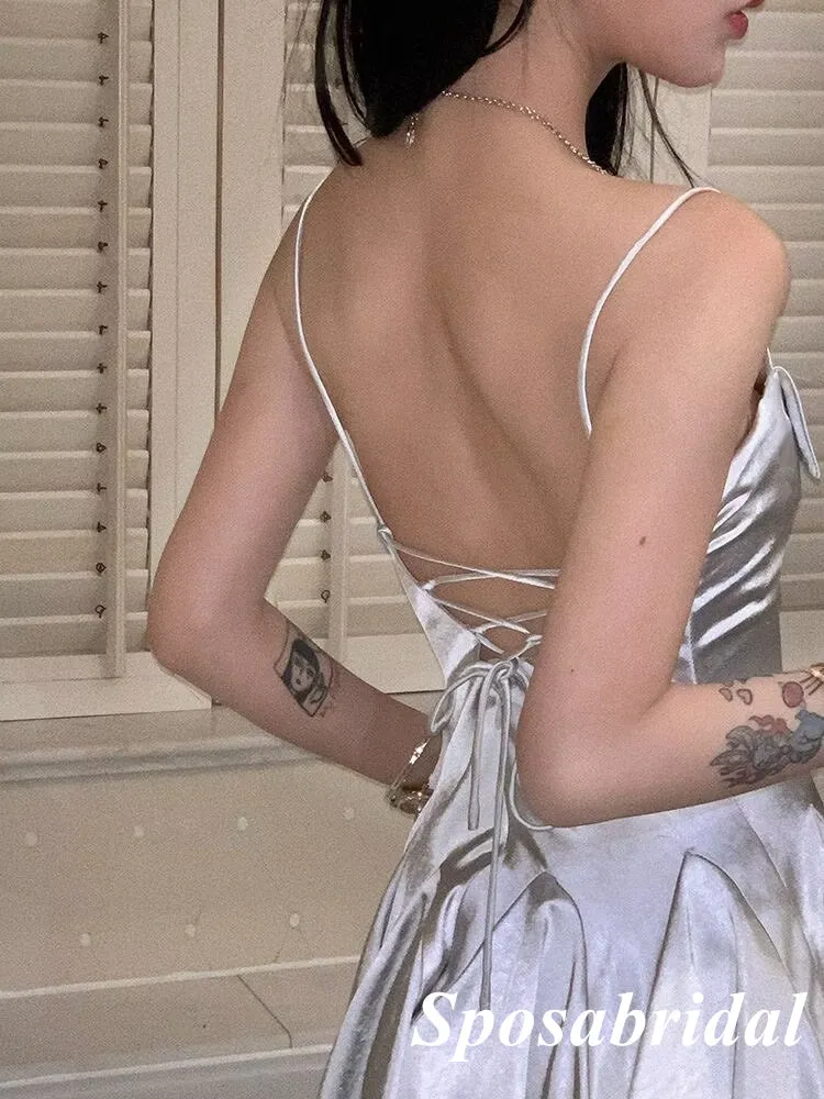 Sexy Silver Elastic Satin Spaghetti Straps Sleeveless Lace Up Back Mermaid Short Prom Dresses/Homecoming Dresses, PD3524