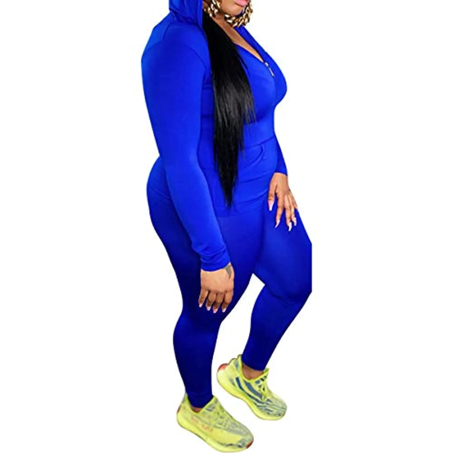 shuxiu Women's Sexy Solid Color 2-Piece Cap Zipper top and Rubber Pants Set