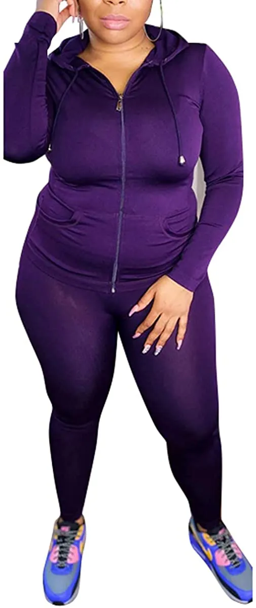 shuxiu Women's Sexy Solid Color 2-Piece Cap Zipper top and Rubber Pants Set