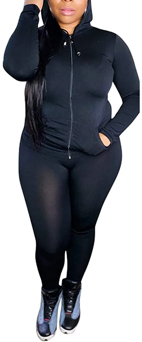 shuxiu Women's Sexy Solid Color 2-Piece Cap Zipper top and Rubber Pants Set