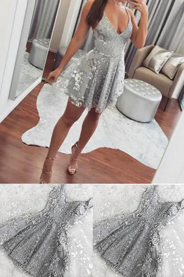 Silver Short Spaghetti Straps V-neck Mini Lace Homecoming Dresses for Teens, MH419