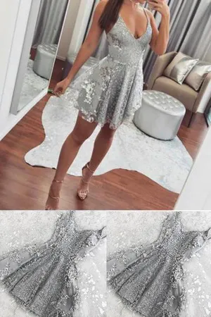 Silver Short Spaghetti Straps V-neck Mini Lace Homecoming Dresses for Teens, MH419