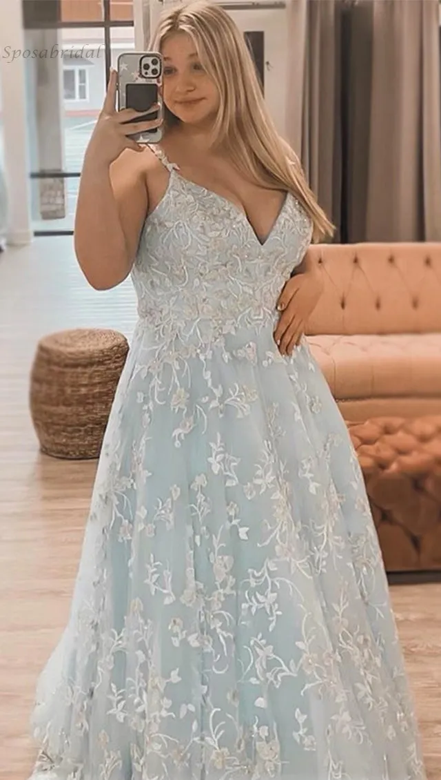 Spaghetti Straps Pale Blue V-neck Lace A-line Long Prom Dress Plus Size, PD3344