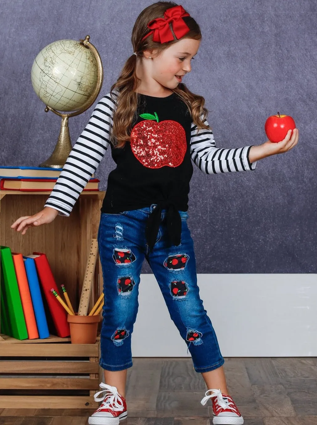 Sparkle Apple Patched Jeans Set