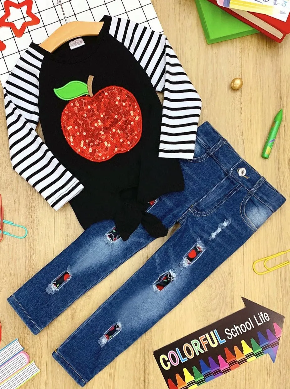 Sparkle Apple Patched Jeans Set