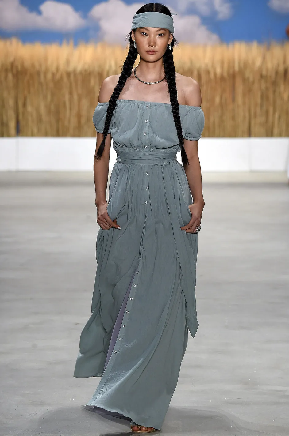 S/S 2016 Mara Hoffman Pale Green Cotton Gauze Off Shoulder Dress