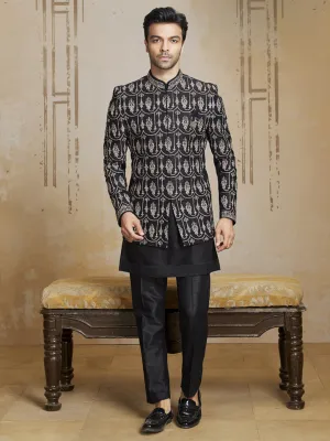 Stunning Black Embroidered Three Piece Jodhpuri