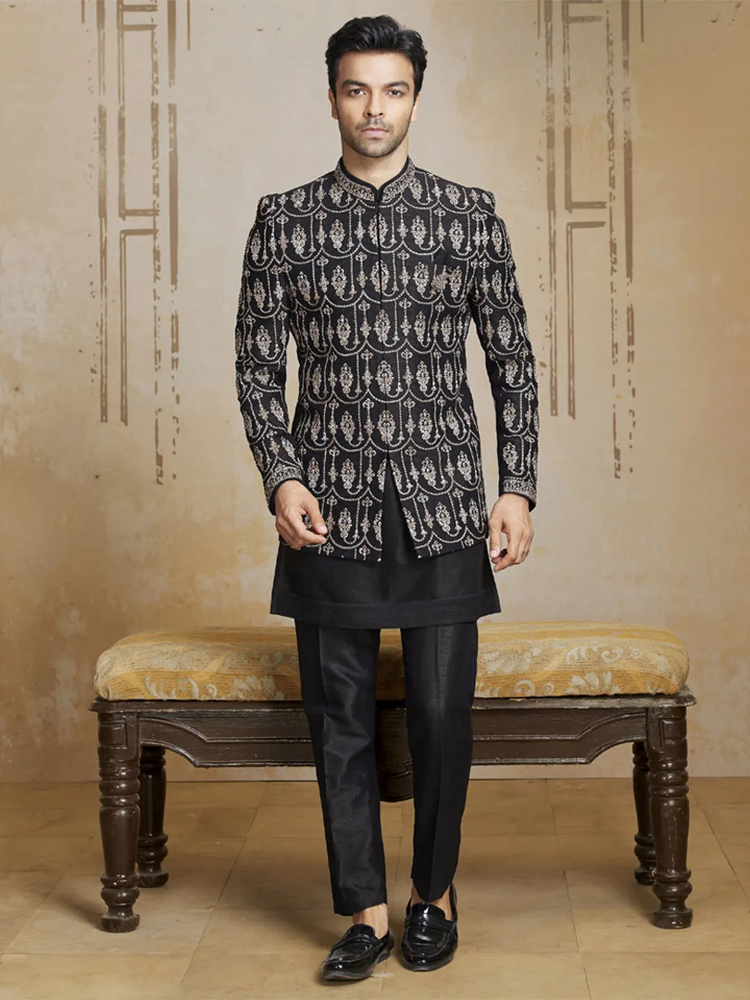 Stunning Black Embroidered Three Piece Jodhpuri