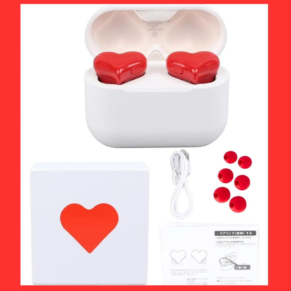 Unique RED Heart Shaped Wireless Ear bud Earphones with Charging Case