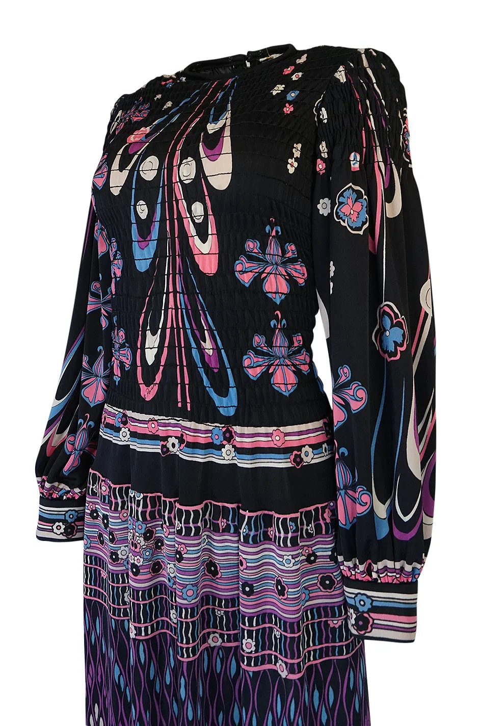 Unusual 1970s Paganne Smocked Jersey Printed Maxi Dress