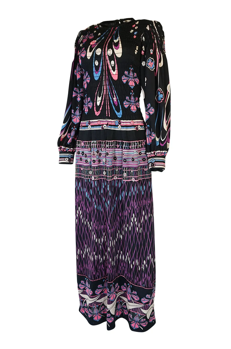 Unusual 1970s Paganne Smocked Jersey Printed Maxi Dress