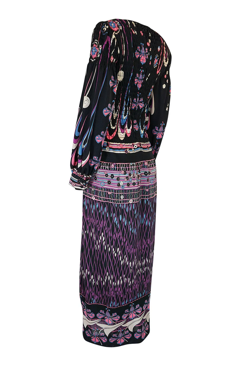 Unusual 1970s Paganne Smocked Jersey Printed Maxi Dress