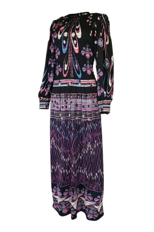 Unusual 1970s Paganne Smocked Jersey Printed Maxi Dress