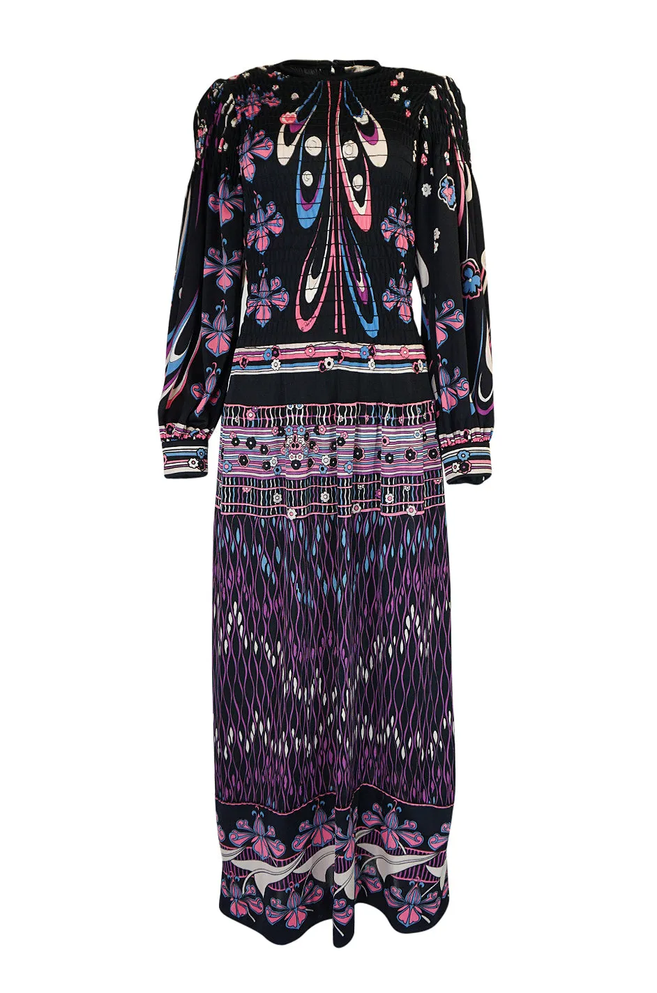 Unusual 1970s Paganne Smocked Jersey Printed Maxi Dress