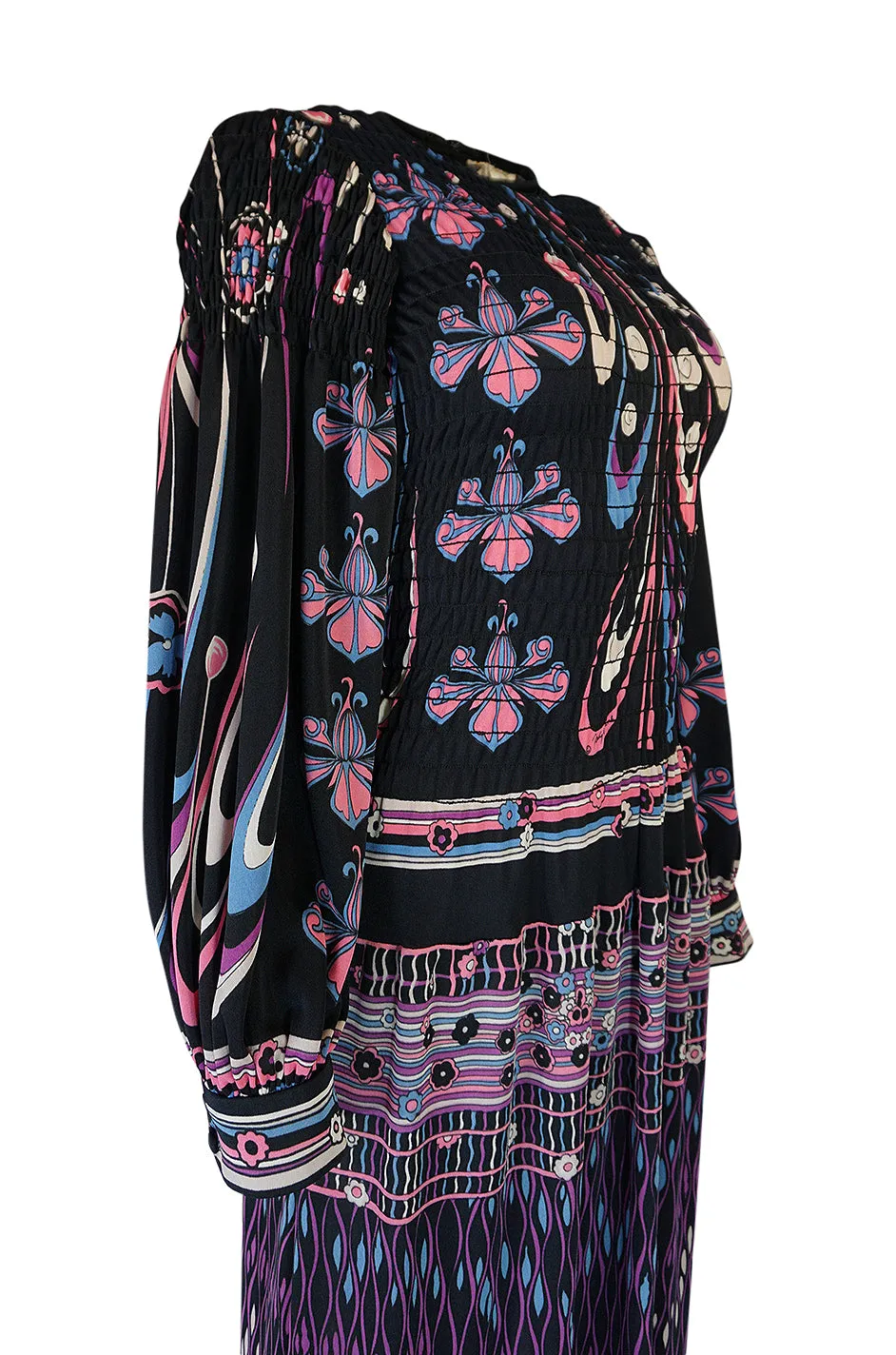 Unusual 1970s Paganne Smocked Jersey Printed Maxi Dress