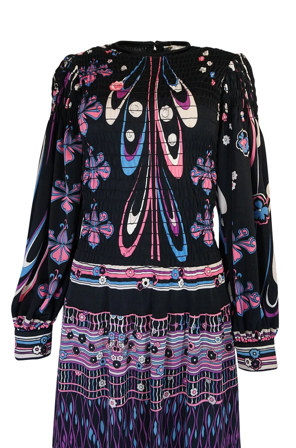 Unusual 1970s Paganne Smocked Jersey Printed Maxi Dress