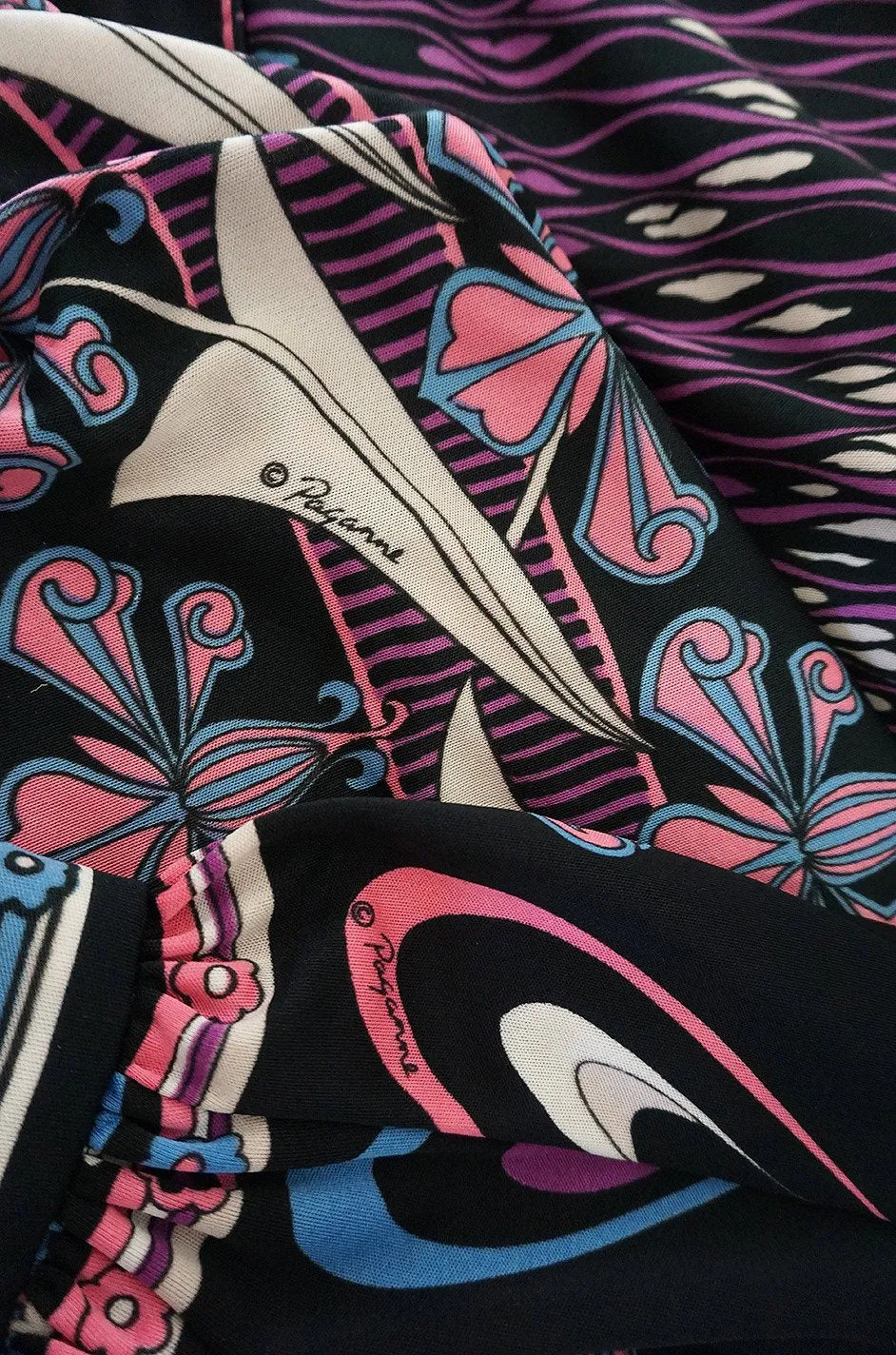 Unusual 1970s Paganne Smocked Jersey Printed Maxi Dress