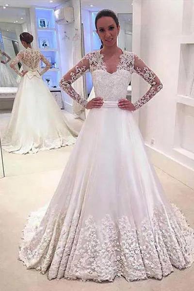 White A Line V Neck Long Sleeves Appliques Wedding Dress With Sweep Train OK525