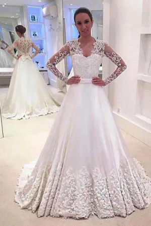 White A Line V Neck Long Sleeves Appliques Wedding Dress With Sweep Train OK525